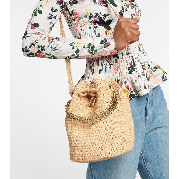 PACO RABANNE Natural Raffia Bucket Bag Gold Chain Link Top Handle Crossbody Bag - Picture 2 of 11